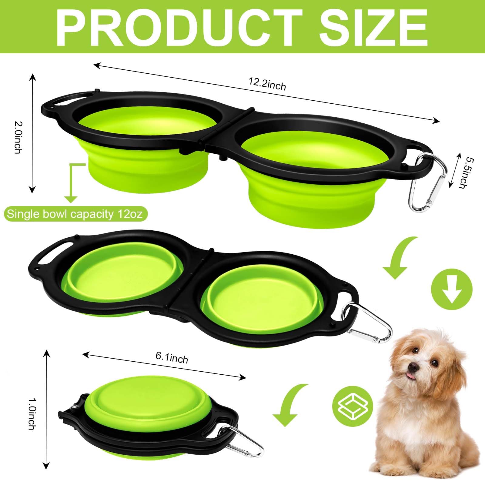 PNEUICALLY Collapsible Silicone Cat and Dog Travel Bowls,2 in 1 Foldable Pet Feeding and Watering Dish for Walking Camping Hiking with Carabiner (Green)