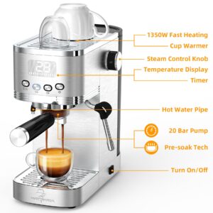 MAttinata Espresso Machine 20 Bar, Espresso Maker with Milk Frother and Hot Water Wand for Cappuccino, Latte, Americano, Stainless Steel