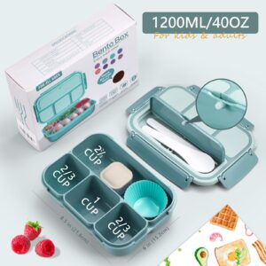 Bento Box Adult Lunch Box for Men Women, Bento Lunch Box for Kids Boys Girls School, Lunch Containers for Adults with 4 Compartments, Utensil Set, Sauce Container, Muffin Cup, Green