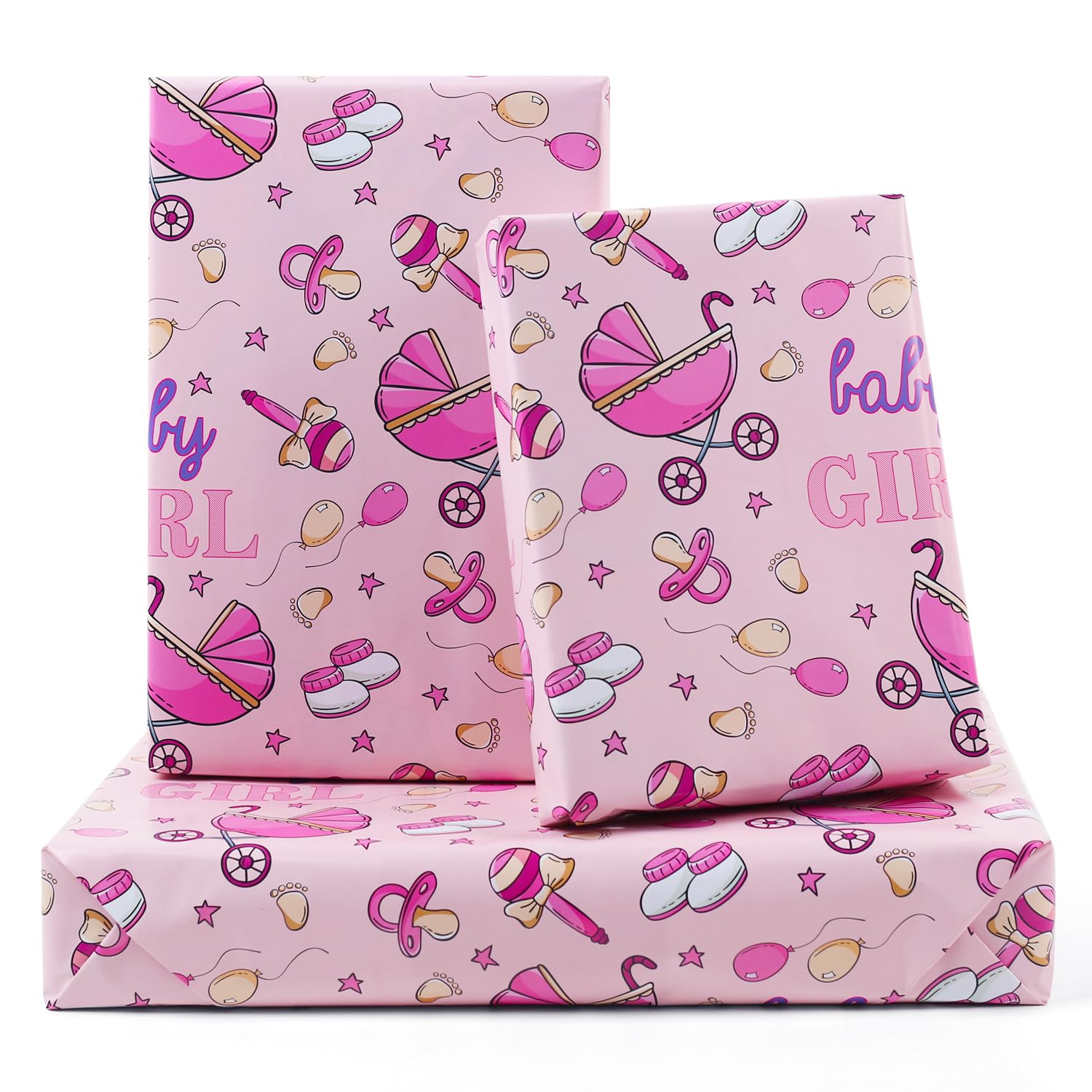 Baby Girl Wrapping Paper For Kids Girls, 6 Sheets Stroller Baby Socks Nipple Balloons Designs 20 x 28 inch Birthday Wrapping Paper for Baby Shower Birthday Kindergarten Newborn