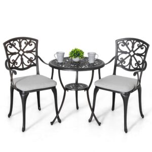 nuu garden bistro set 3 piece outdoor all weather cast aluminum patio bistro set patio table and chairs set of 2 with umbrella hole and grey cushions for backyard, balcony, lawn, black