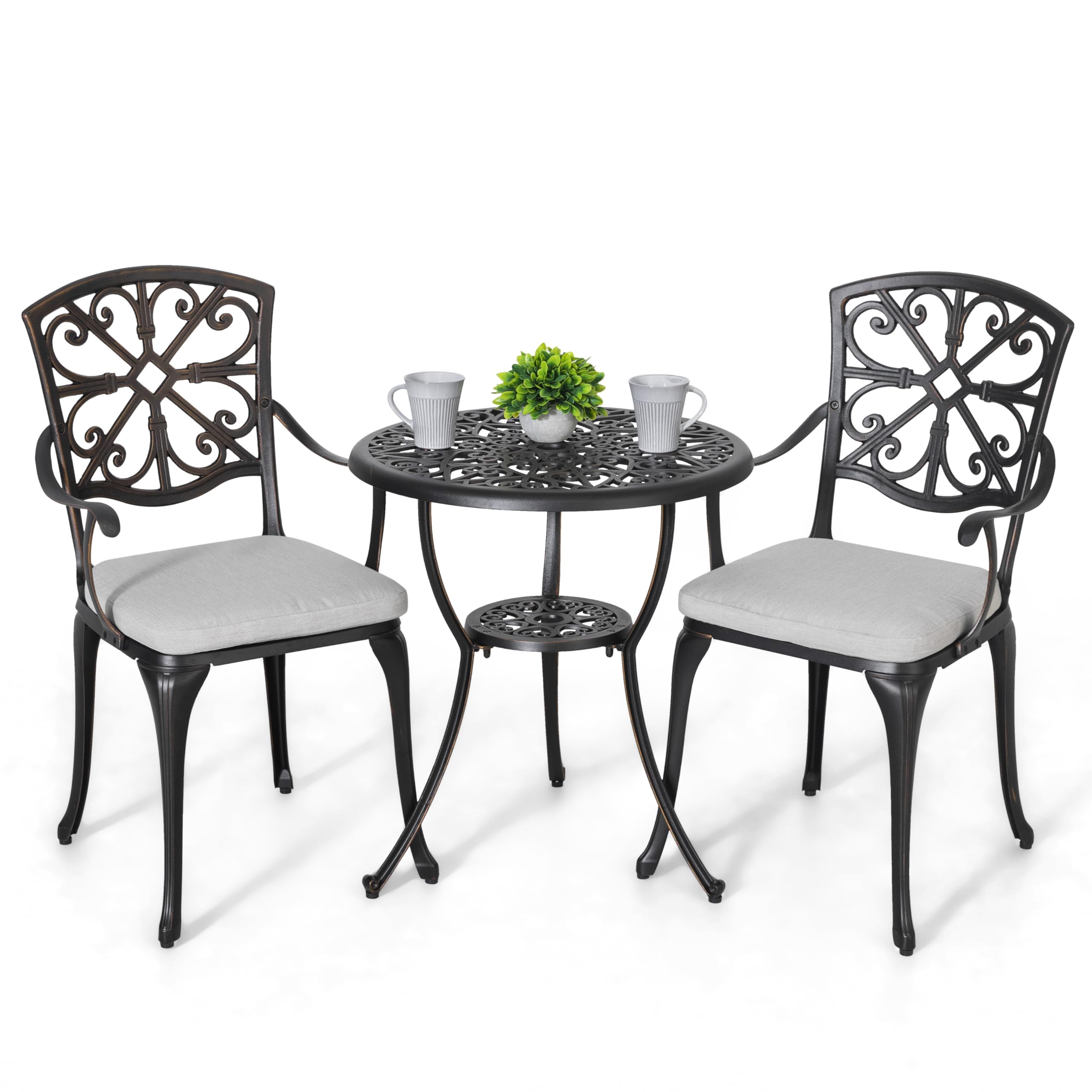 NUU GARDEN Bistro Set 3 Piece Outdoor All Weather Cast Aluminum Patio Bistro Set Patio Table and Chairs Set of 2 with Umbrella Hole and Grey Cushions for Backyard, Balcony, Lawn, Black