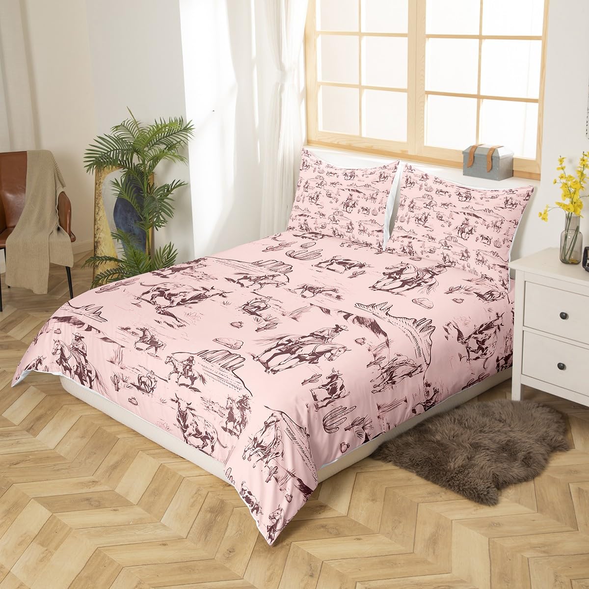 Feelyou Kids Wild West Cowboy Bedding Set Twin Size Western Decor Duvet Cover for Boys Girls Teens Bedroom Decor Rodeo Cowboy Style Comforter Cover Set Pink Bedspread Cover with 1 Pillow Case