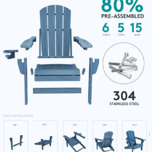 SERWALL 5-Piece Adirondack Chair and Ottoman and Table Set, HDPE Weather Resistant Adjustable Backrest Adirondack Chair with Ottoman and Side Table, Navy