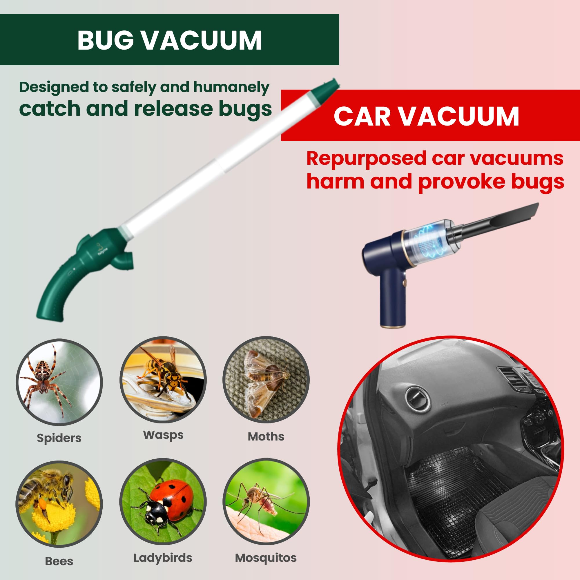 Rechargeable Spider Catcher Strong Suction Blows Insects Back Out Long Handle Vacuum Humane Bug Catcher LED Light Insect Hoover Bees Moths for Home