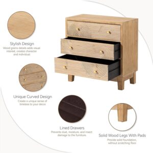 COZAYH 3-Drawer Farmhouse Dresser with Handicraft Wood Ring Motif, Set of 2 Fully Assembled Nightstand Wooden Finish for Boho, Mid-Century, Natural Wood, Rustic