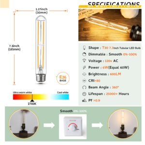 Sphoon Tubular Light Bulb 7.3 Inch Dimmable T10 LED Bulb E26 6W 60 Watts Edison Bulbs 2700K Solf White,185mm Long for Wall Sconces, Pendant, Livingroom, 4-Pack