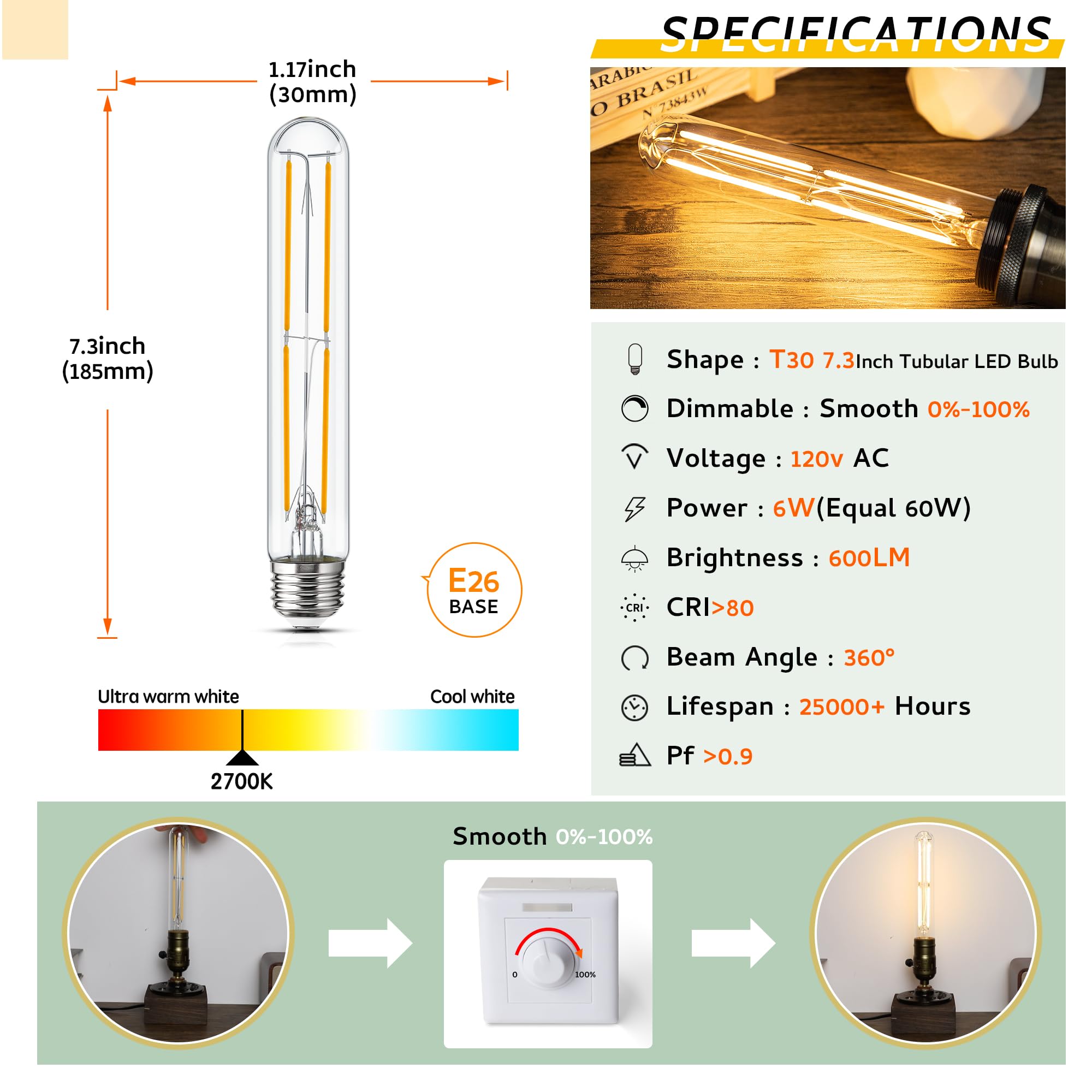 Sphoon Tubular Light Bulb 7.3 Inch Dimmable T10 LED Bulb E26 6W 60 Watts Edison Bulbs 2700K Solf White,185mm Long for Wall Sconces, Pendant, Livingroom, 4-Pack