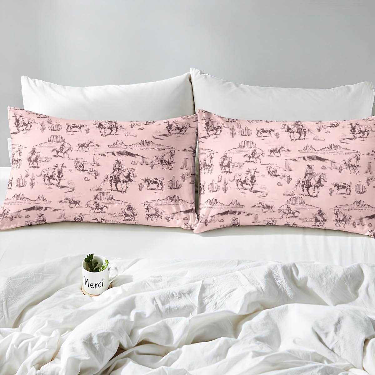 Feelyou Kids Wild West Cowboy Bedding Set Twin Size Western Decor Duvet Cover for Boys Girls Teens Bedroom Decor Rodeo Cowboy Style Comforter Cover Set Pink Bedspread Cover with 1 Pillow Case