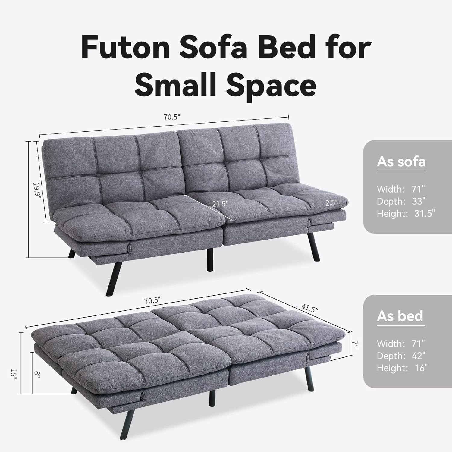 Hcore Futon Bed, Mid-Century Modern Memory Foam Loveseat Sofas, French Grey