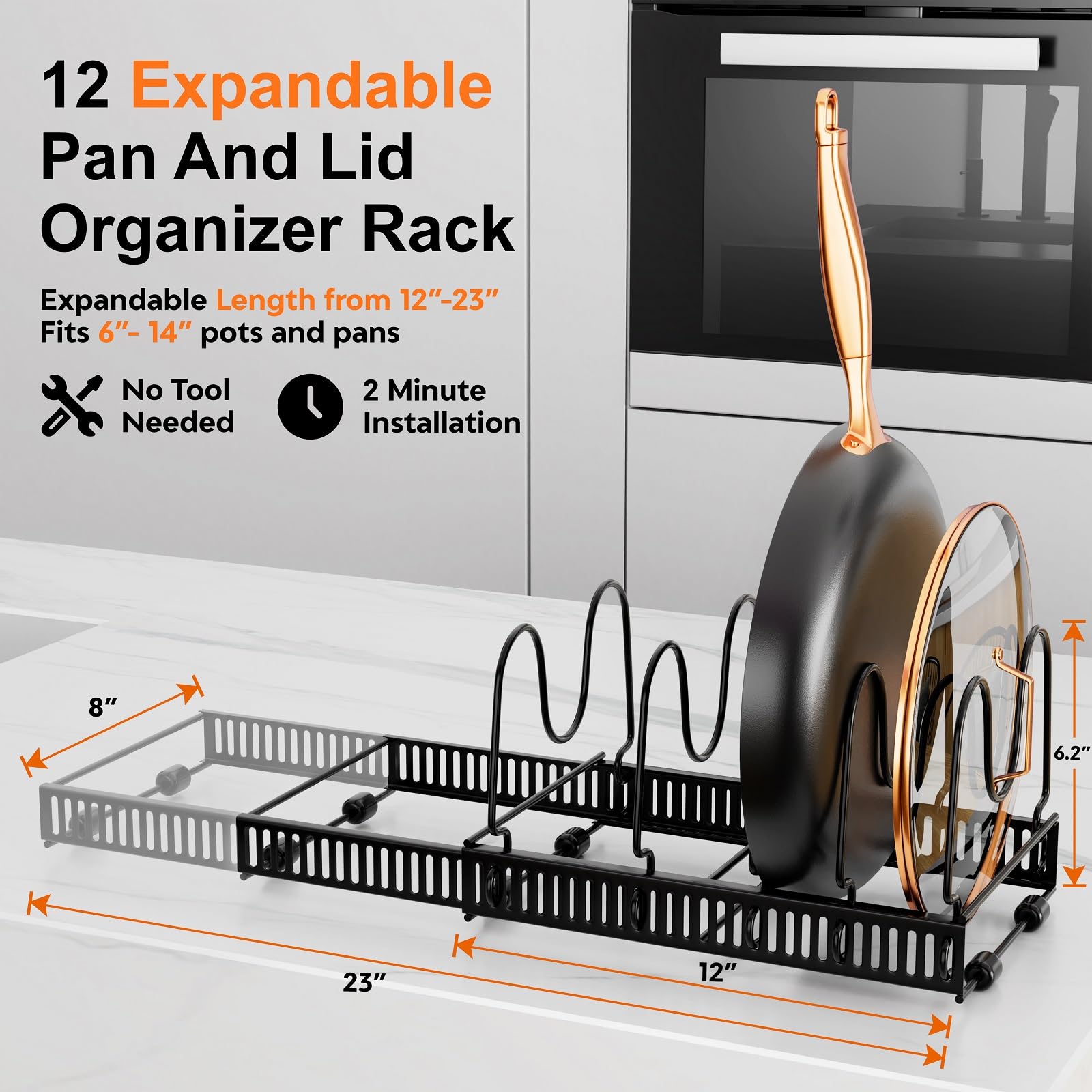 VELKPRO Pots and Pans Organizer Rack for Under Cabinet-Adjustable Kitchen Cabinet Holder-Ideal for Pot Lids, Cutting Boards, Cast-Iron Pans, and Heavy Cookware Storage