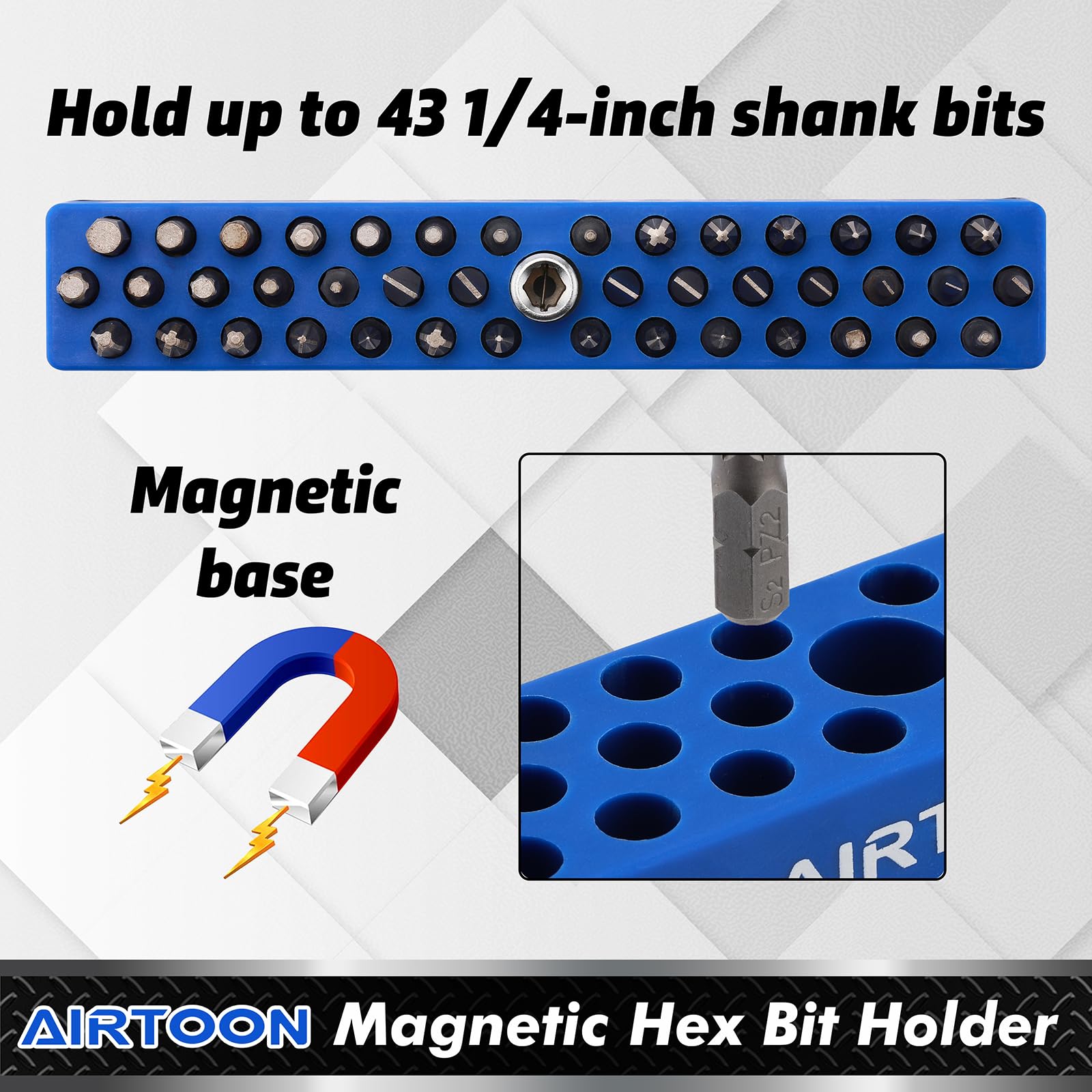 AIRTOON 4PCS 1/4" Magnetic Hex Bit Holder, 43 Holes Bit Storage with Strong Magnetic Base, Magnetic Screwdriver Bit Organizer, Red, Blue, Green and Orange