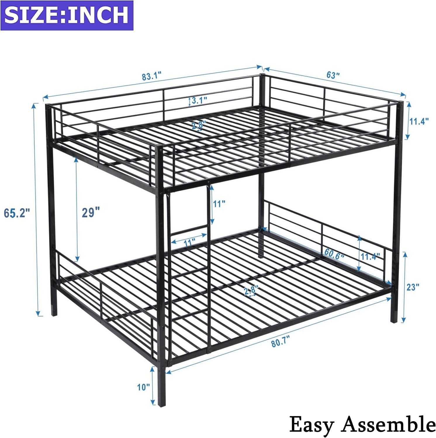 Movdevy New Upgrade Queen Over Queen Bunk Bed, Heavy Duty Bunk Beds Queen Over Queen Size with Ladder & Guardrail for Kids Adults Teens Boys, Weight Capacity 600 lbs, Black (QUEEN OVER QUEEN BUNK BED)