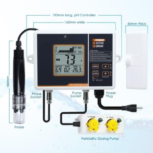 Smart pH Controller Aquariums, Two-Plug Auto Dosing System with Dosing Pump for pH Up and Down Dispensing, pH Meter with ATC Function, pH Monitor for Hydroponics Nutrient