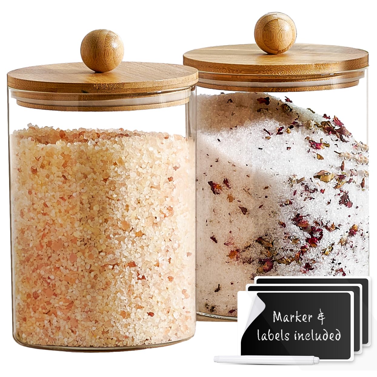 Set of 2 Large Glass Canisters for Kitchen Counter with Airtight Bamboo Lids + Marker & Labels - Cookie Jars with Wooden Lid, Food Storage Containers for Pantry, Flour Pasta Candy Coffee Pods - 68oz.