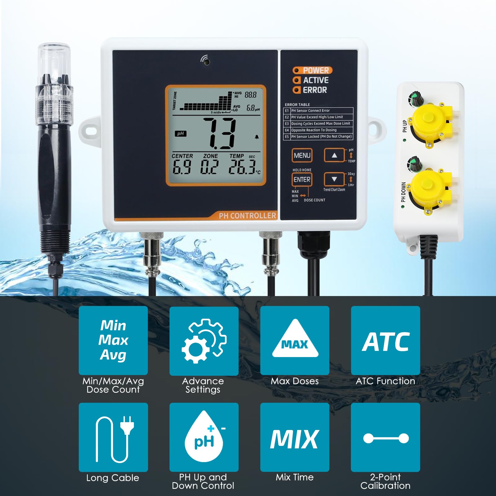 Smart pH Controller Aquariums, Two-Plug Auto Dosing System with Dosing Pump for pH Up and Down Dispensing, pH Meter with ATC Function, pH Monitor for Hydroponics Nutrient