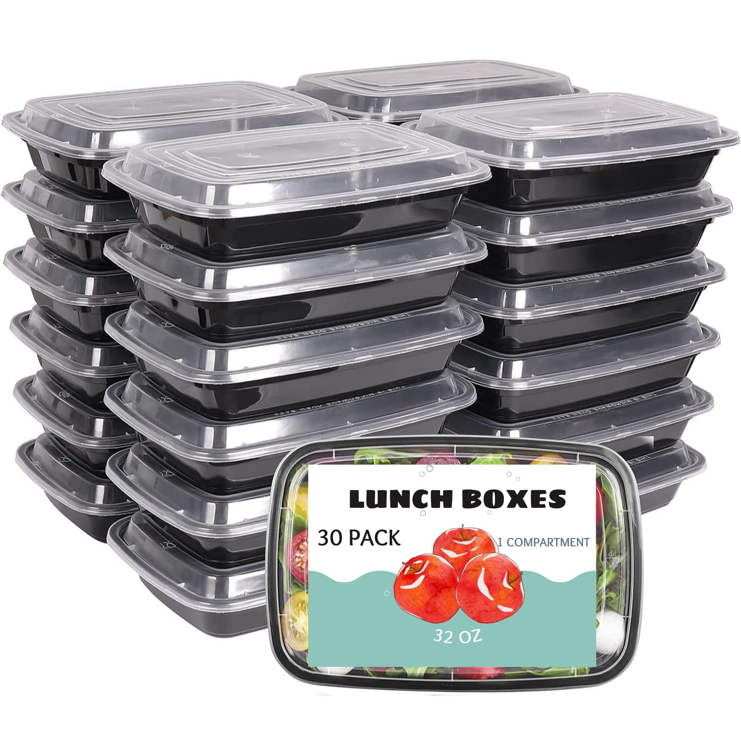 30-Pack 32oz Meal Prep Containers with Lids BPA-Free Reusable Plastic Food Storage Boxes Lunch Salad Freezer Microwave Safe One 1 Compartment Disposable Togo Tray for Meal Prepping Takeout and Snacks