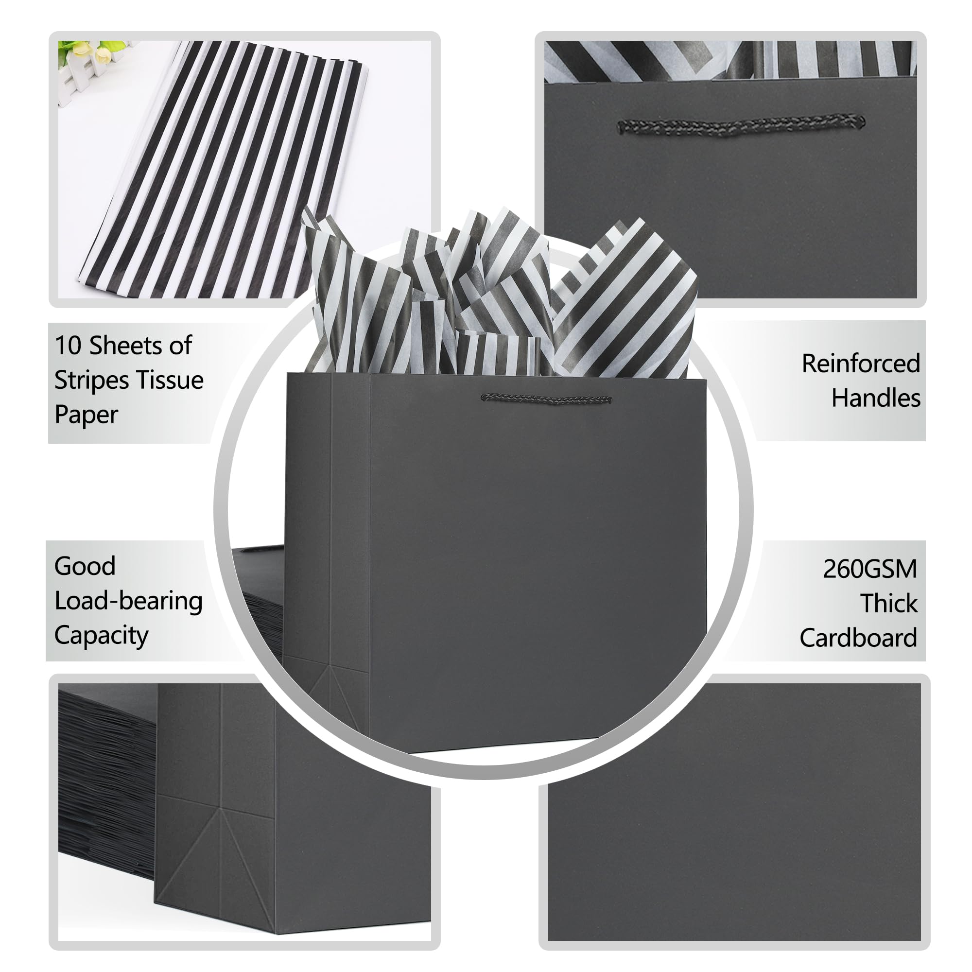 Offizon 6 Pack Black Gift Bags, 8.7x3.9x7.1 Inches Gift Bags Medium Size with Tissue Paper