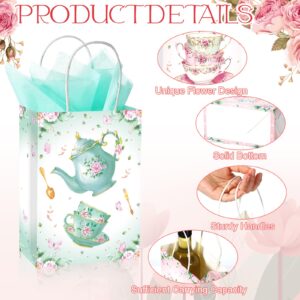 Locmeo 24 Pcs Tea Party Gift Bags with Tissue Paper Floral Teapot Goodie Treat Bags with Handles Tea Party Decorations for Kids Girls Wedding Baby Shower Birthday Party Favors Supplies, Pink and Green