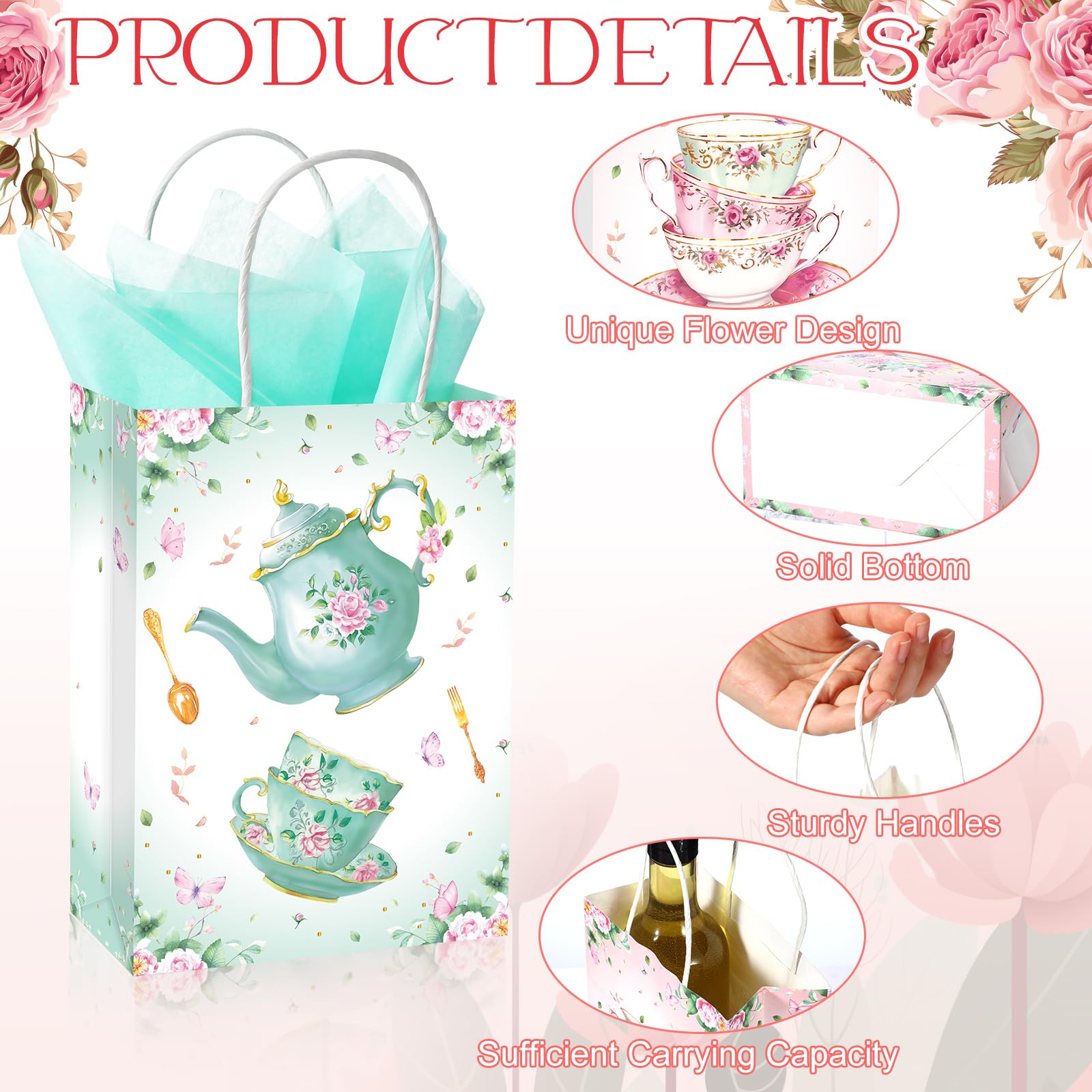 Locmeo 24 Pcs Tea Party Gift Bags with Tissue Paper Floral Teapot Goodie Treat Bags with Handles Tea Party Decorations for Kids Girls Wedding Baby Shower Birthday Party Favors Supplies, Pink and Green