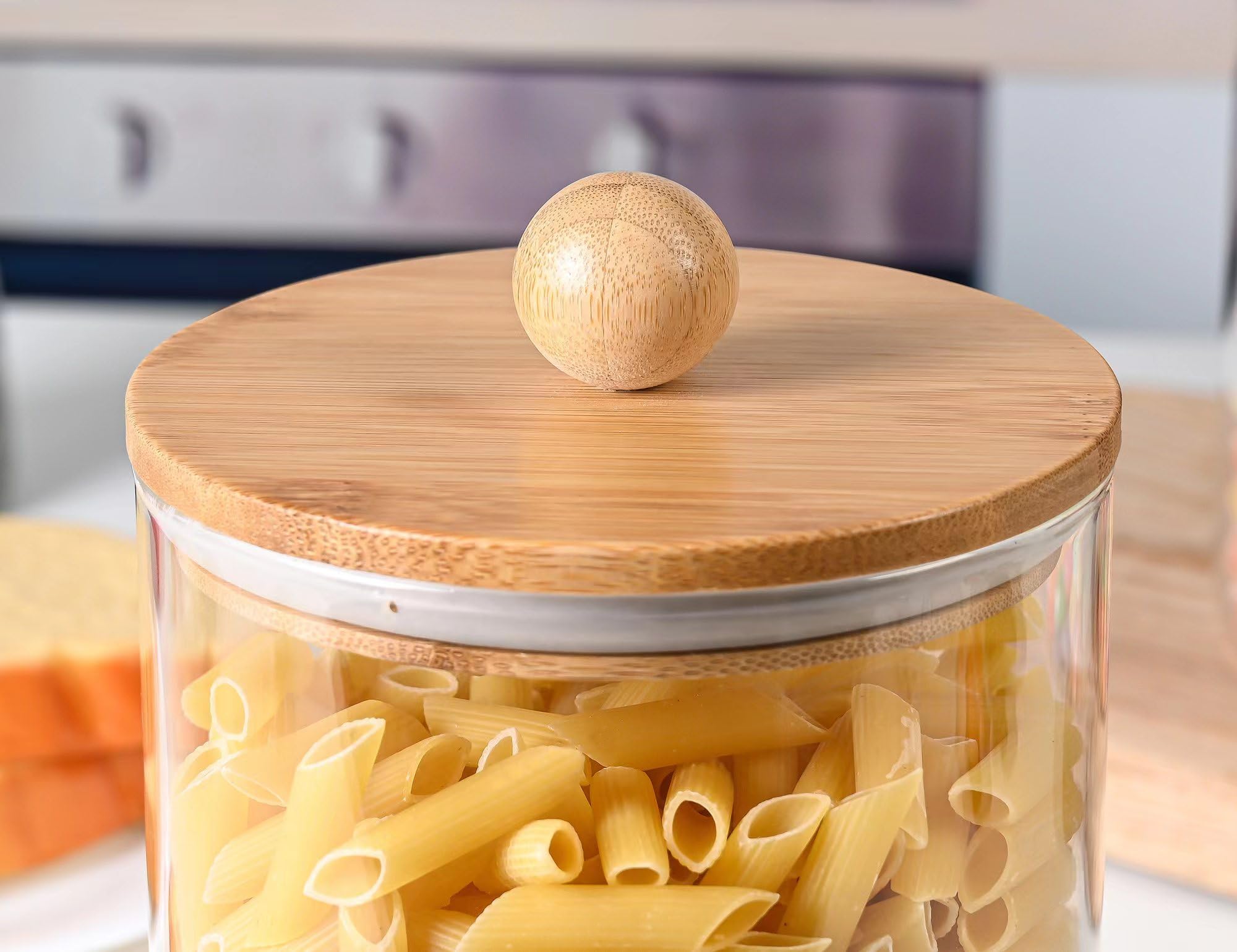 Set of 2 Large Glass Canisters for Kitchen Counter with Airtight Bamboo Lids + Marker & Labels - Cookie Jars with Wooden Lid, Food Storage Containers for Pantry, Flour Pasta Candy Coffee Pods - 68oz.