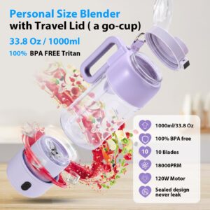 Portable Blender 33.8oz, Hioo Personal Size Blender for Shakes and Smoothies with 10 Blades, Cordless Blender BPA Free, Leakproof-Lid & Sip Spout, Juices, Baby Food, Portable Blender & Food Processor