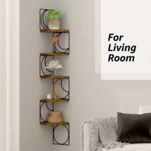 PHAREGE 5 Tier Moon Phase Corner Shelves Brown Black, Rustic Storage Shelves for Bedroom Kitchen Bathroom Living Room