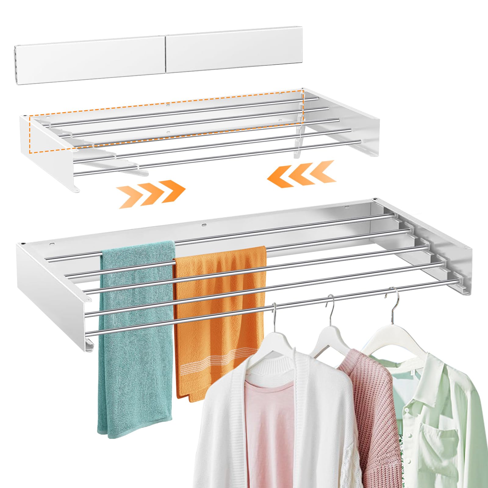 Luosu Laundry Drying Rack Collapsible, Wall Mounted, Retractable Clothes Drying Rack, 40" Wide,13.2 Linear Ft,5 Aluminum Rods,60 Ib Capacity with Wall Template (White)