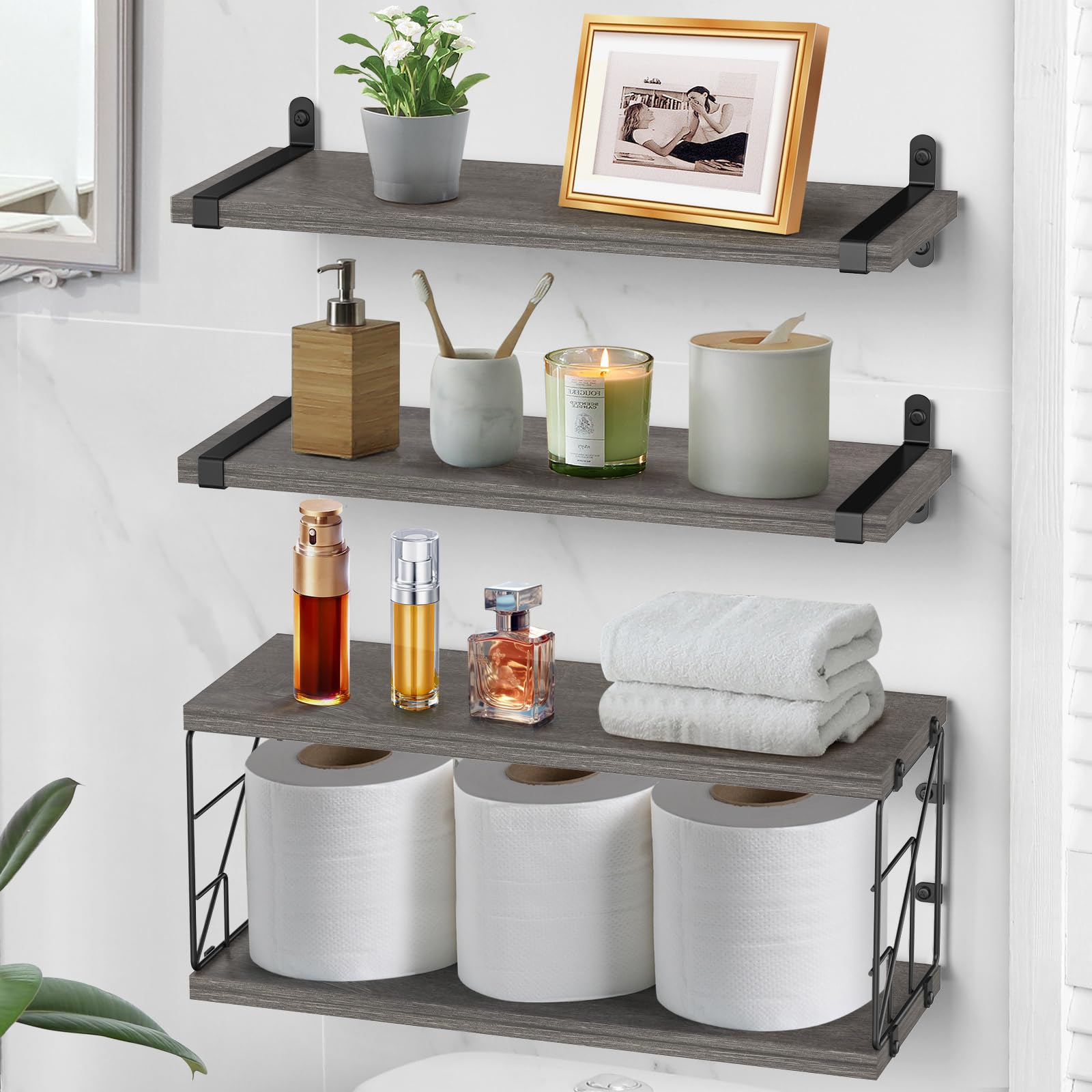 B4LIFE Floating Shelves Wall Mounted Bathroom Rustic Over Toilet Shelves with Toilet Paper Basket, Farmhouse Floating Shelf for Bedroom, Living Room, Kitchen, Wall Decoration