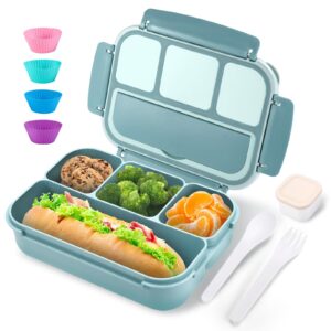 bento box adult lunch box for men women, bento lunch box for kids boys girls school, lunch containers for adults with 4 compartments, utensil set, sauce container, muffin cup, green