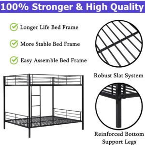 Movdevy New Upgrade Queen Over Queen Bunk Bed, Heavy Duty Bunk Beds Queen Over Queen Size with Ladder & Guardrail for Kids Adults Teens Boys, Weight Capacity 600 lbs, Black (QUEEN OVER QUEEN BUNK BED)