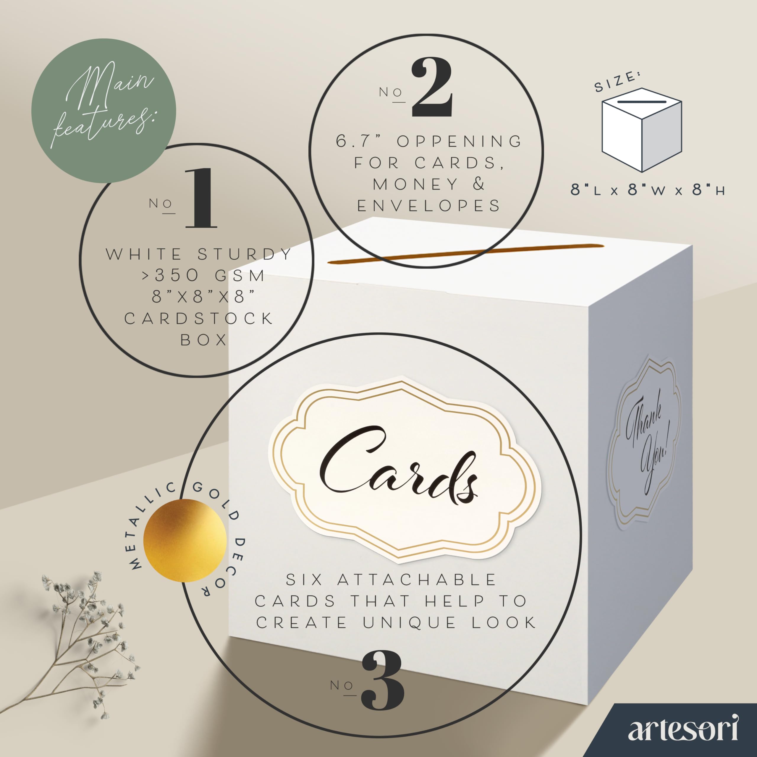 ARTESORI White Wedding Card Box - Cards Stickers & Large Box Slot, Gift Card Box for Wedding Cards At Reception, Birthday, Baby Shower, Graduation Box Party, Raffle, Money Boxes Holder - 8x8