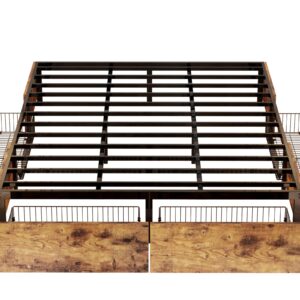 King Platform Bed Frame with 4 Storage Drawers, Sturdy and Stable, Noise-Free, No Box Spring Needed, Easy Assembly, Industrial Style, Brown