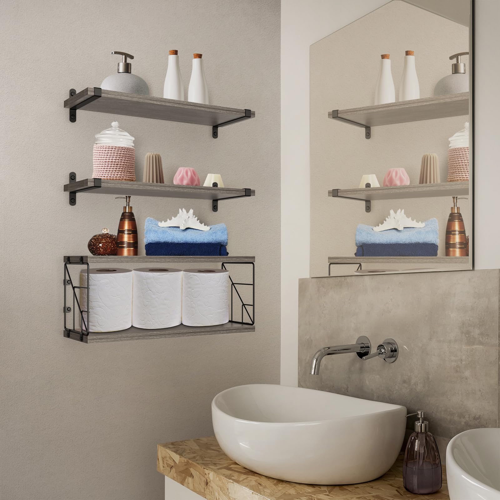 B4LIFE Floating Shelves Wall Mounted Bathroom Rustic Over Toilet Shelves with Toilet Paper Basket, Farmhouse Floating Shelf for Bedroom, Living Room, Kitchen, Wall Decoration