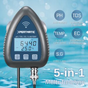 XpertMatic 5in1 PH Meter, PH TDS EC SALT TEMP Water Tester, Long-Term PH Monitoring, Wi-Fi Remote Control, for Aquarium, Hydroponics, Lab, and Pool