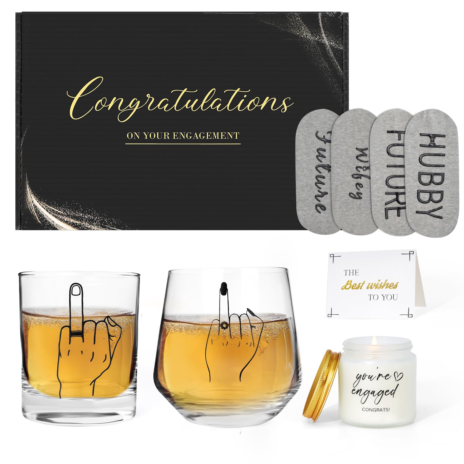 Engagement Gifts for Couples & Special Wedding Gifts: Wine and Whiskey Glasses,Socks, Scented Candle, and Greeting Card - Unique Gifts for Couples,Mr and Mrs, His and Hers, Bridal Shower and Newlywed