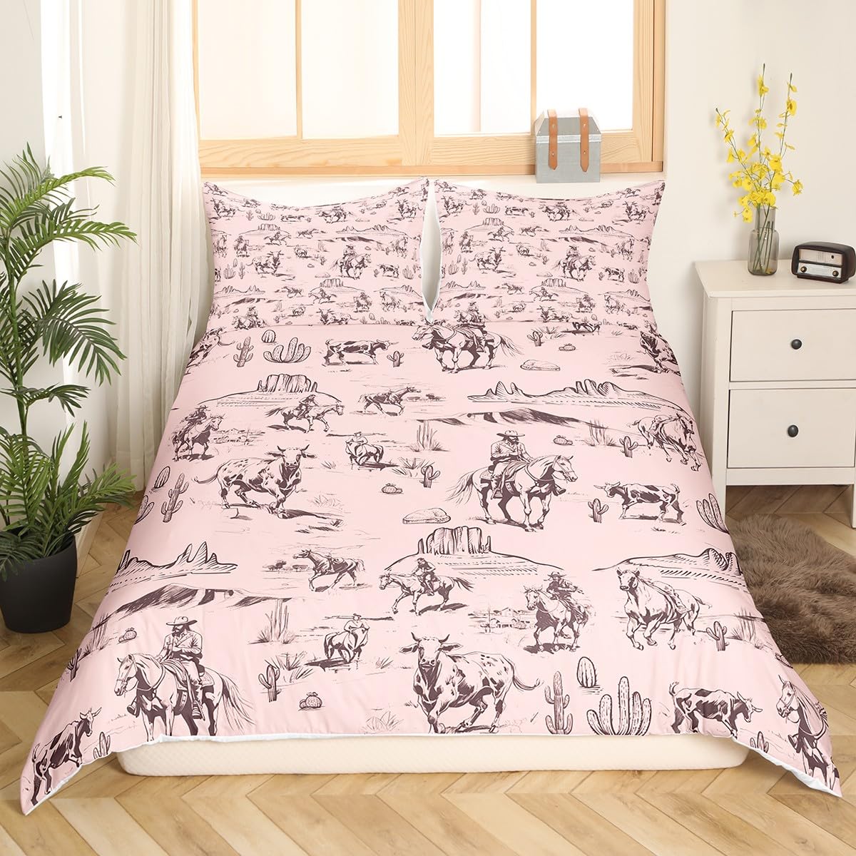 Feelyou Kids Wild West Cowboy Bedding Set Twin Size Western Decor Duvet Cover for Boys Girls Teens Bedroom Decor Rodeo Cowboy Style Comforter Cover Set Pink Bedspread Cover with 1 Pillow Case