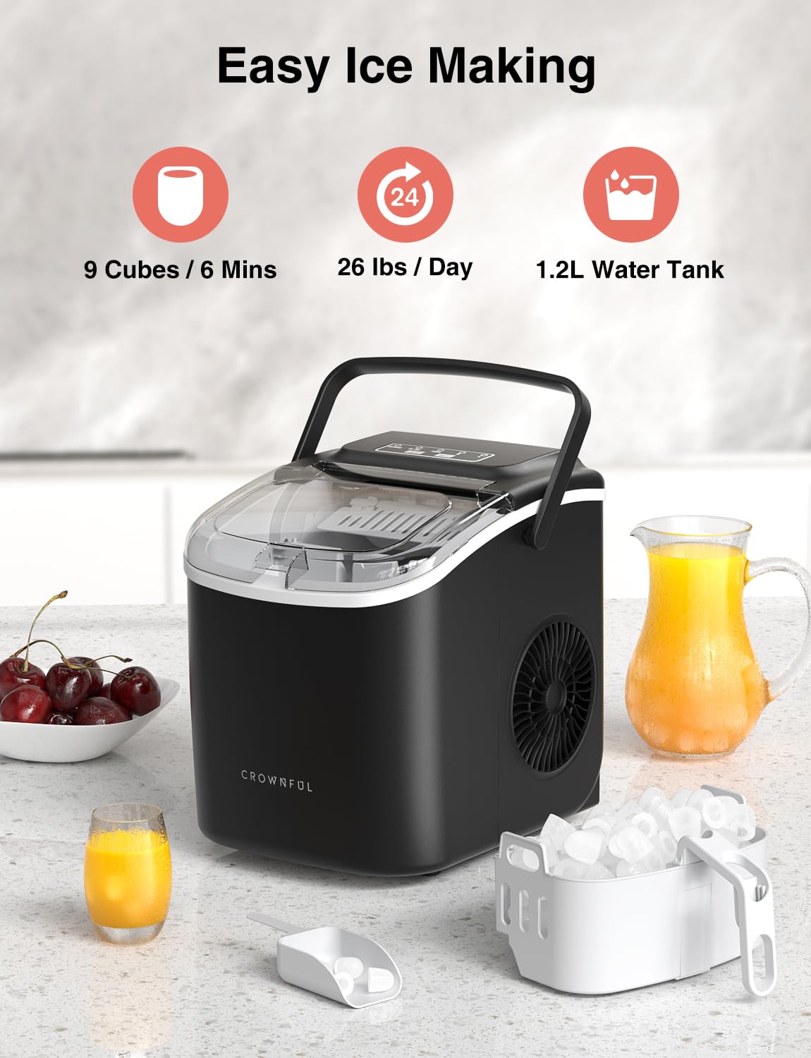 CROWNFUL Ice Maker Countertop, Portable Self-Cleaning Ice Maker Machine with Handle, Scoop and Basket, 9 Bullet Ice Cubes in 6 Mins, 26lbs/24H, Ideal for Home, Kitchen, Office, Bar, Party