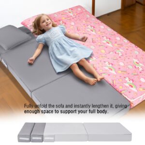 MeMoreCool Foldable Futon Chair Bed Sleeper for Kids, Toddler Sofa Bed Folding Mattress, Child Fold Out Couch Bed with Pillow, Convertible Foam Floor Sofa Sleeping Tri Fold Mattress Chair (Grey)