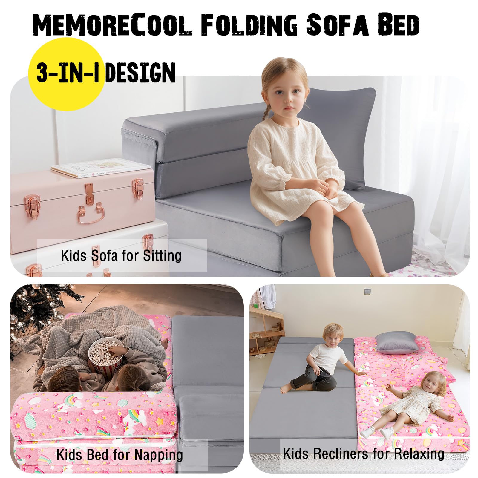 MeMoreCool Foldable Futon Chair Bed Sleeper for Kids, Toddler Sofa Bed Folding Mattress, Child Fold Out Couch Bed with Pillow, Convertible Foam Floor Sofa Sleeping Tri Fold Mattress Chair (Grey)