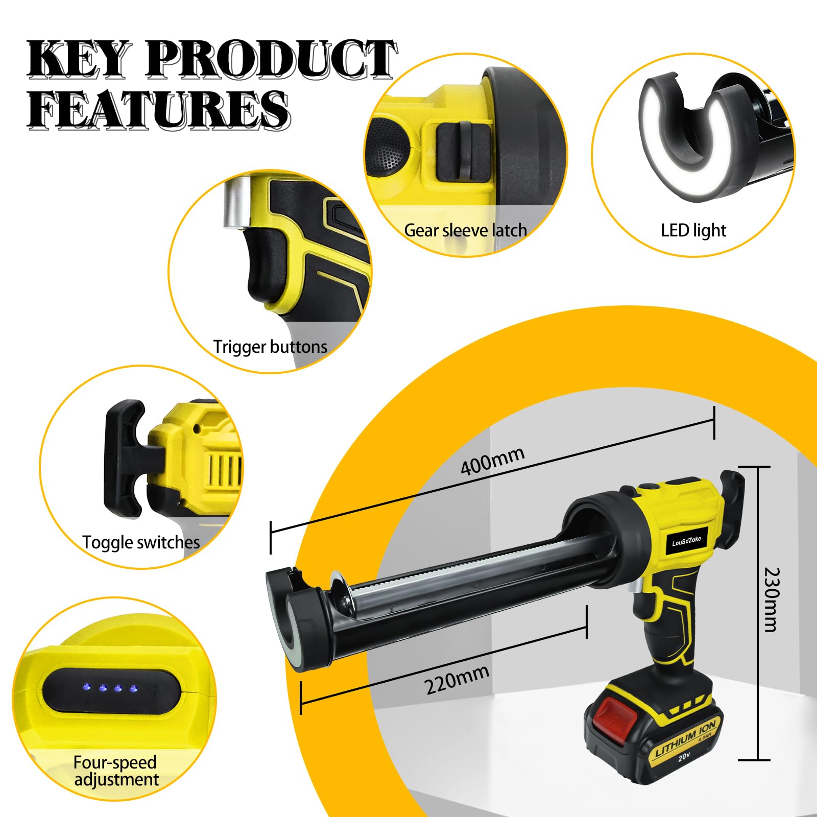 Cordless Caulking Gun for DeWalt 20V Max Battery, 10 Oz/300ml Electric Silicone Gun,with LED Light,4 Adjustable Speed for Filling, Sealing, Repair