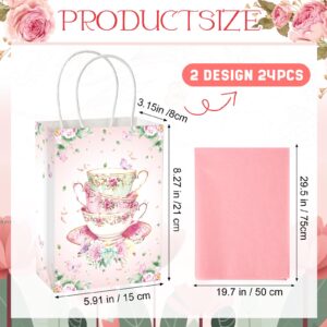 Locmeo 24 Pcs Tea Party Gift Bags with Tissue Paper Floral Teapot Goodie Treat Bags with Handles Tea Party Decorations for Kids Girls Wedding Baby Shower Birthday Party Favors Supplies, Pink and Green