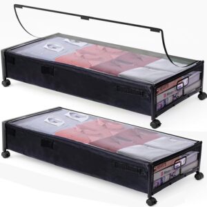 pleddanio under bed storage with wheels, 68l large capacity underbed storage containers with zipper & clear lids & rolling underbed storage box for clothes toys shoes quilts blankets, 2 pack