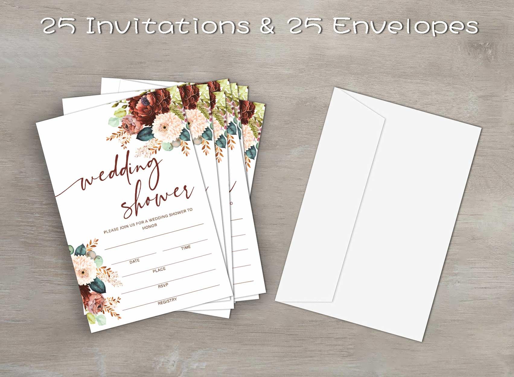 Wedding Shower Invitations, Burgundy Bridal Shower Invitations With Envelopes, Wedding Invitations, Bridal Shower Invites, Wedding Shower Decorations, 25 Invitations Cards And Envelopes (B04)