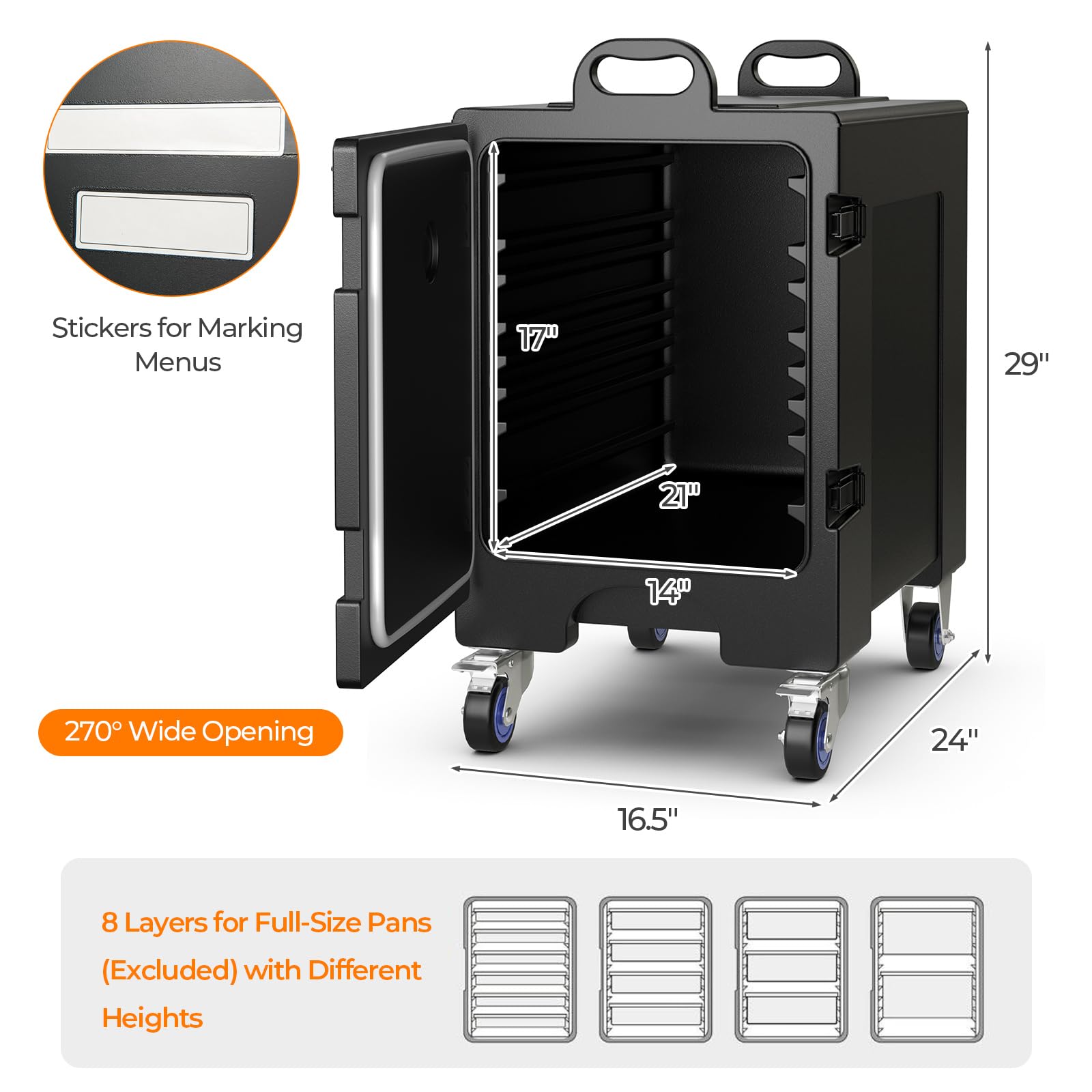 HAPPYGRILL Insulated Food Pan Carrier with Wheels, 81 Quart Food Warmer Box with Double Buckles, Movable Hot Box for Catering Restaurant Picnic, (1, Black with Wheel)