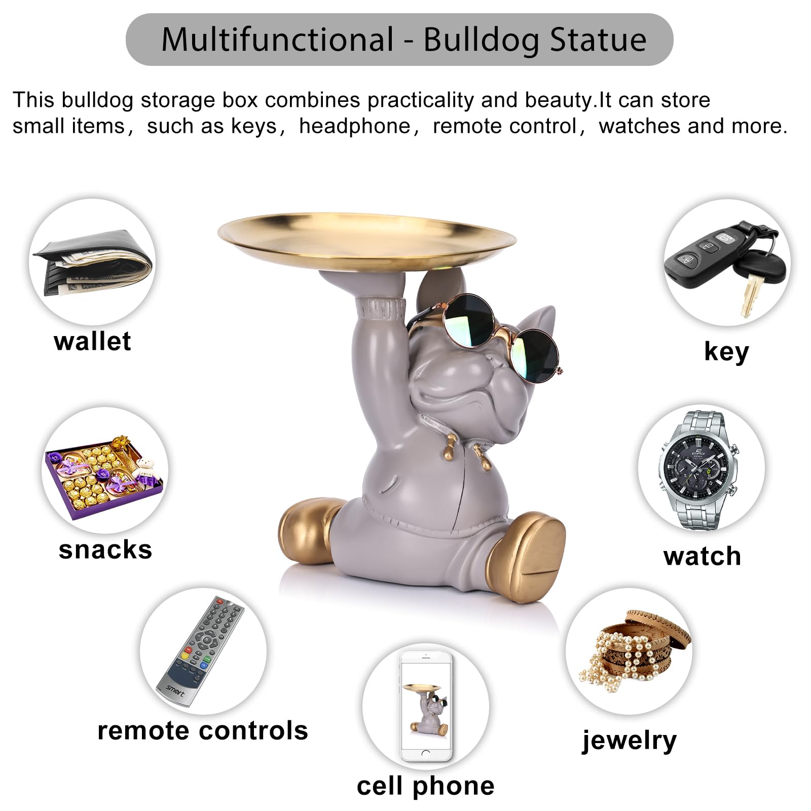 Bulldog Tray Statue and Sculpture Key Holder, French Bulldog Storage Candy Dish, Modern Key Bowl for Entryway Table Cool Office Desk Frenchie Decor, French Bulldog Gifts Key Basket Accessories