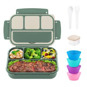 qqko bento box adult lunch box, bento box for kids, 1200 ml lunch containers for adults, food storage container with 4 compartments, leak-proof, microwave, dishwasher safe, green