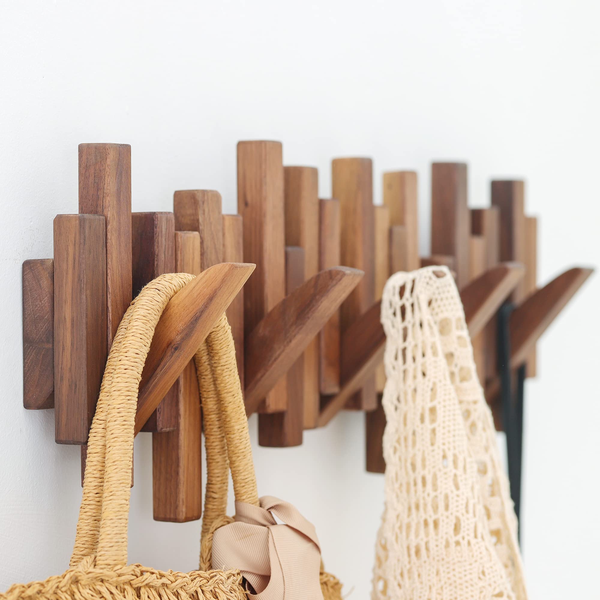 Acsigesn Wooden Coat Rack Wall Mounted Sticks Multi Rack Solid Handmade Natural Walnut Wood Artwork with 6 Flip-Down Unique Modern Hooks for Coats Bag Hat Umbrella