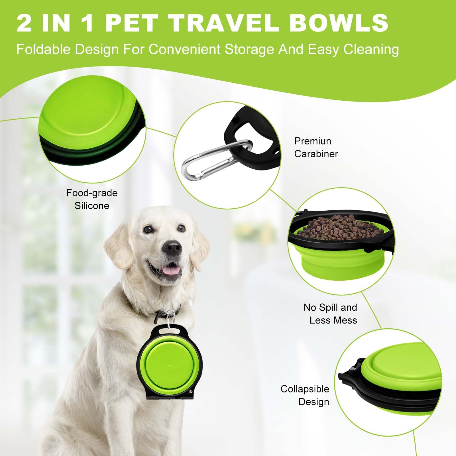 PNEUICALLY Collapsible Silicone Cat and Dog Travel Bowls,2 in 1 Foldable Pet Feeding and Watering Dish for Walking Camping Hiking with Carabiner (Green)