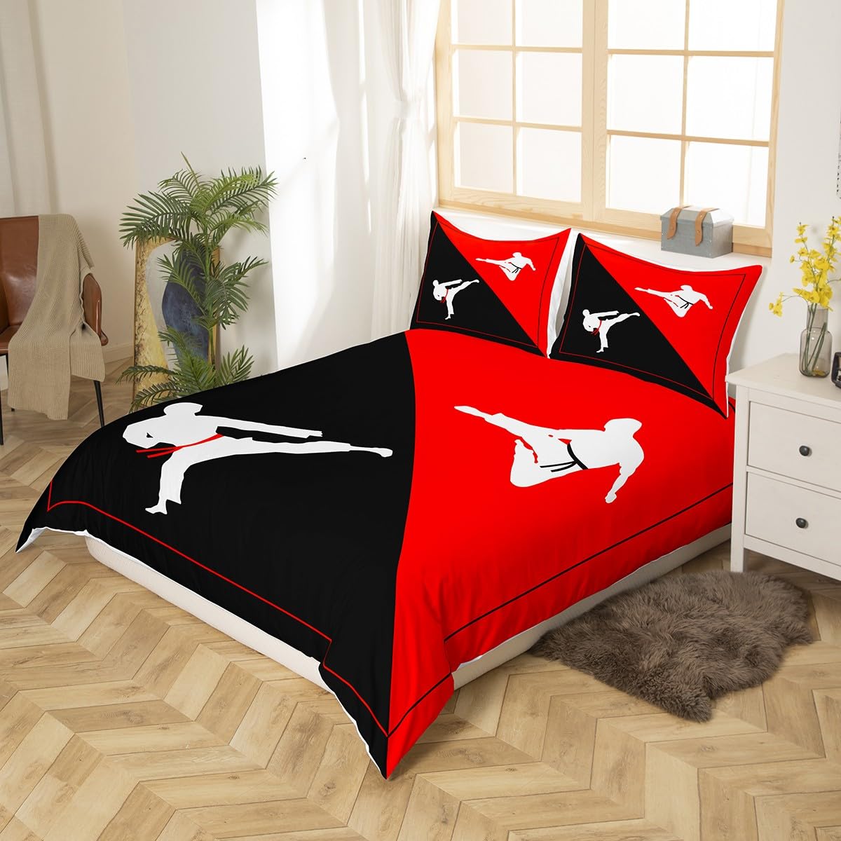 Taekwondo Duvet Cover,Kids Japanese Sports Bedding Set,Black Red White Comforter Cover for Boys Girls Room Decor,Kungfu Lightweight Bedspread Cover Twin Size with 1 Pillow Case